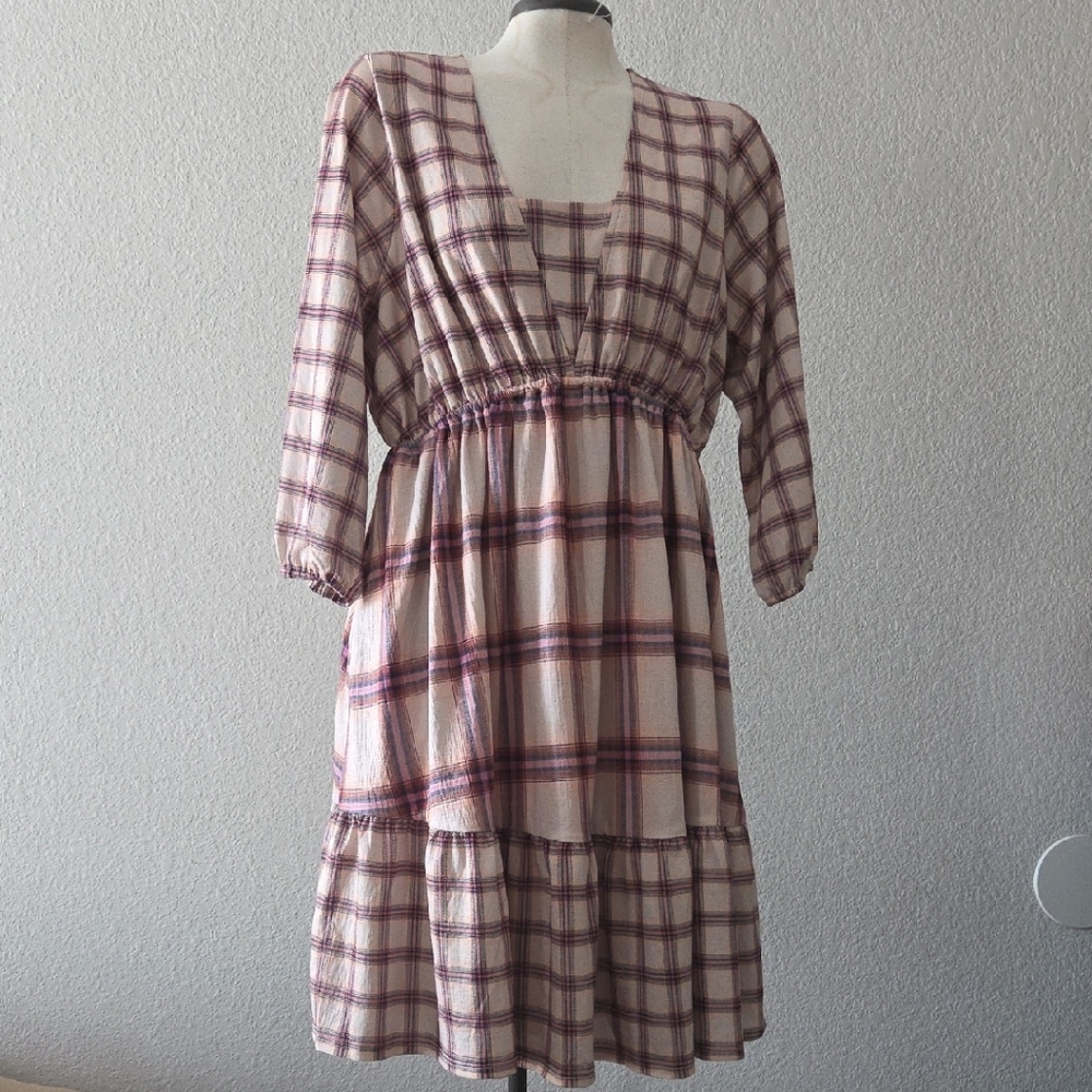 Cato Checkered Long Sleeve- Cream Plaid Dress Size 14/16W